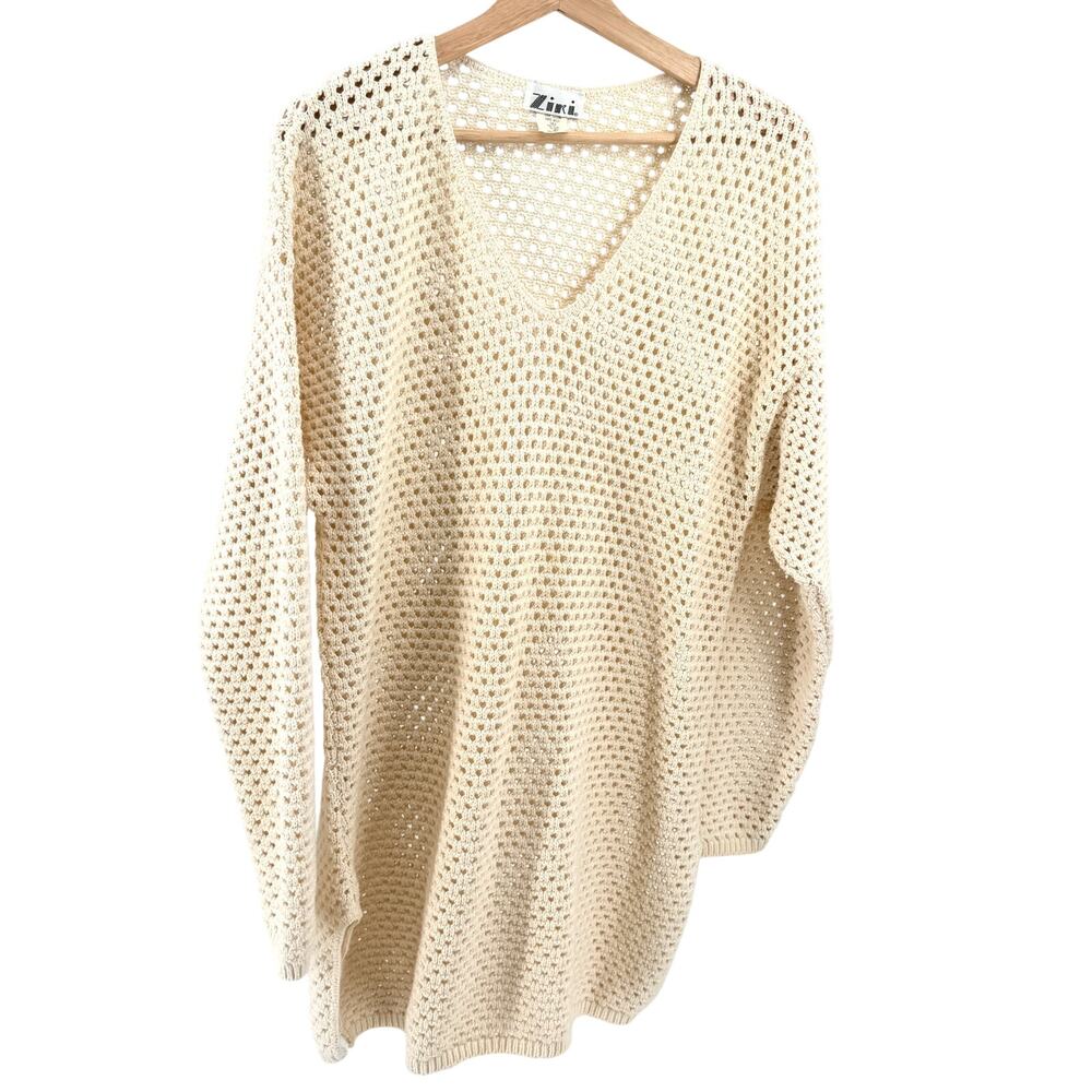 Vintage 90s Ziki Cream 100% Cotton Crochet Knit Boho Tunic Sweater